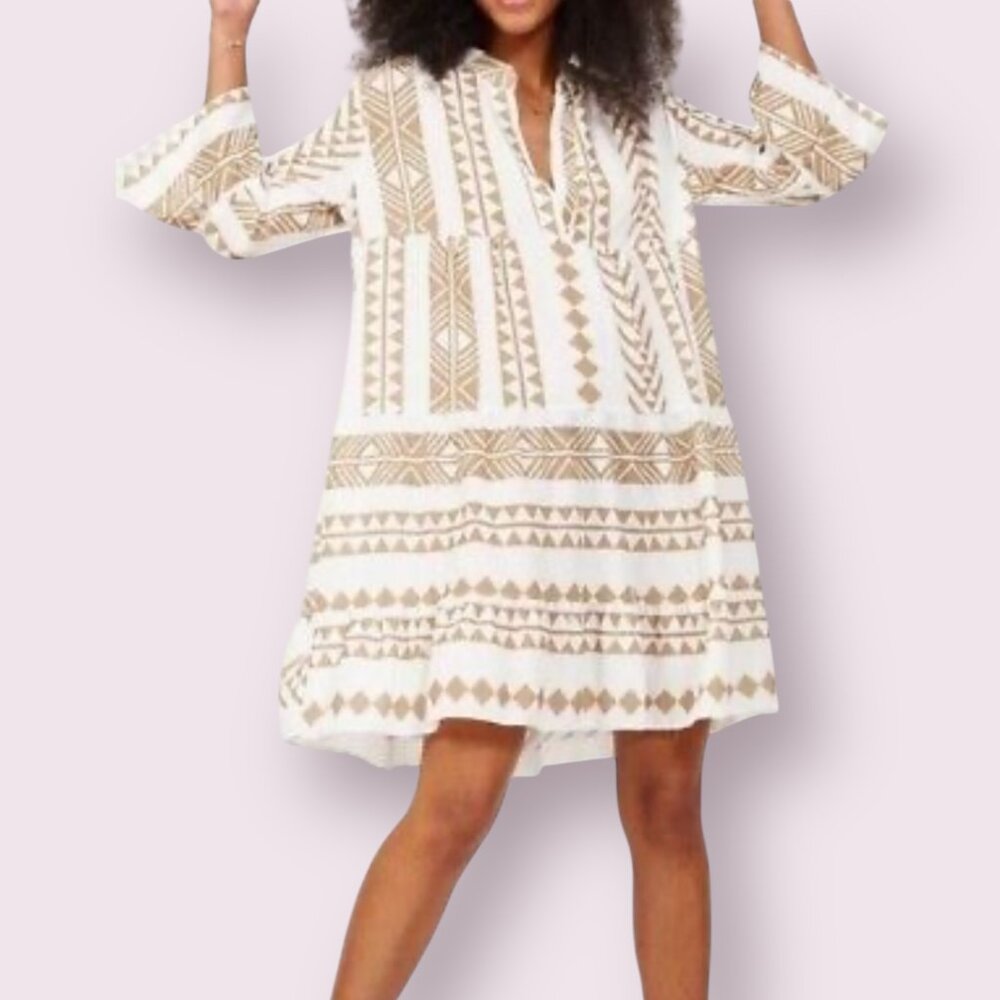 NWT Silk & Salt Women's Midi Dress Long Sleeve Geometric Print Size Medium